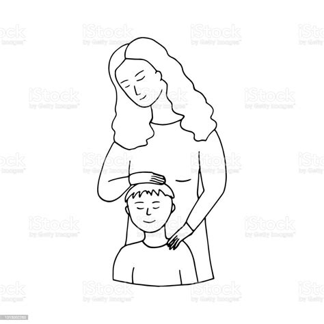 mother hugs her son icon hand drawn doodle style vector minimalism monochrome sketch mothers day