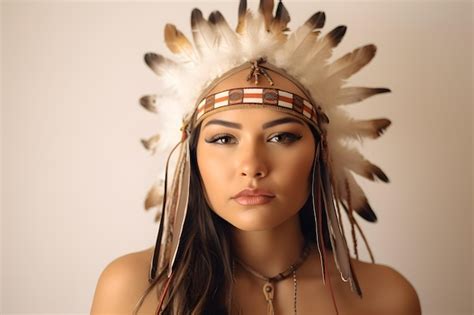 premium ai image beautiful girl native american indian with feathers on her head