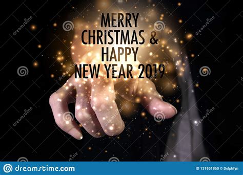 Merry Christmas And Happy New Year 2019 With Hand Stock Photo Image
