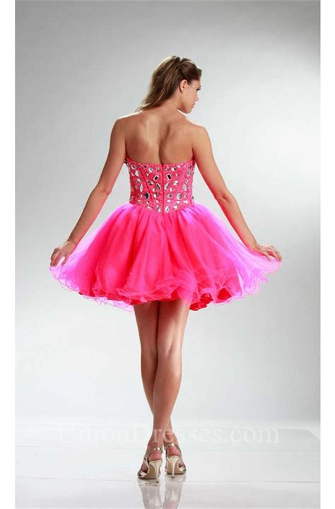 Sparkly Ball Strapless Short Hot Pink Tulle Rhinestone Prom Dress