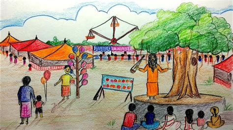 In this video, we learn how to draw a simple scenery. How to draw a scenery of pohela boishakh | Village Fair Drawing step by step - YouTube