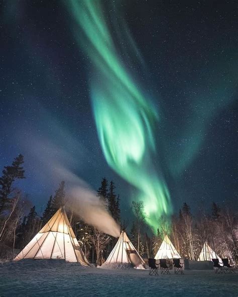 The Aurora Bore Is Lit Up In The Night Sky Over Some Tippy Houses And Trees