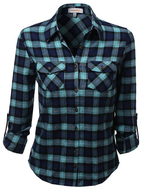 Awesome21 Womens Flannel Plaid Checker Rolled Up Shirts Blouse Top At