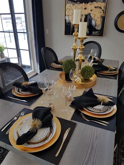 Black And Gold Place Setting Dinner Table Decor Dining Table Gold