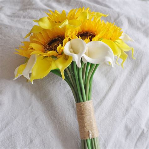 Real Touch Calla Lilies Silk Sunflowers Wedding Bouquet Rustic Etsy