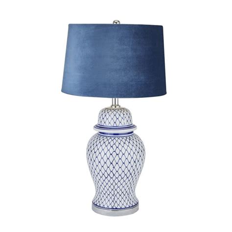 Malabar Blue And White Ceramic Lamp With Blue Velvet Shade Lighting