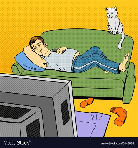 Man Lying On Couch Watching Tv Comic Book Style Vector Image
