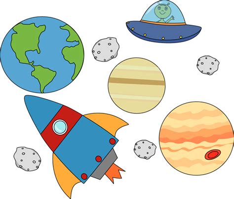 Rocket and UFO Flying Through Outerspace Clip Art - Rocket and UFO Flying Through Outerspace Image
