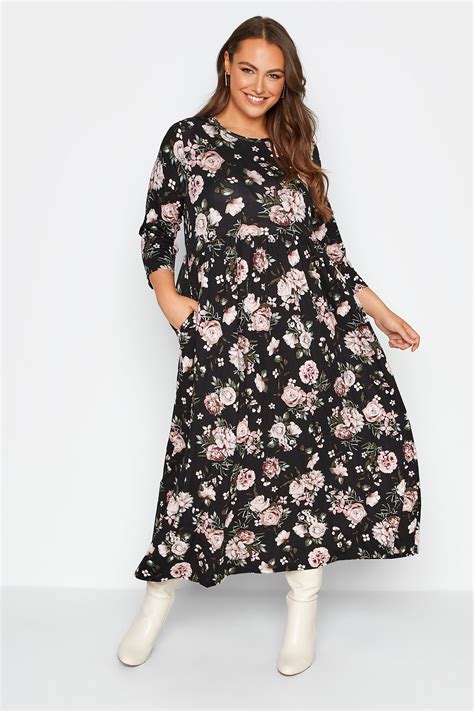 Plus Size Black Floral Print Midi Dress Yours Clothing