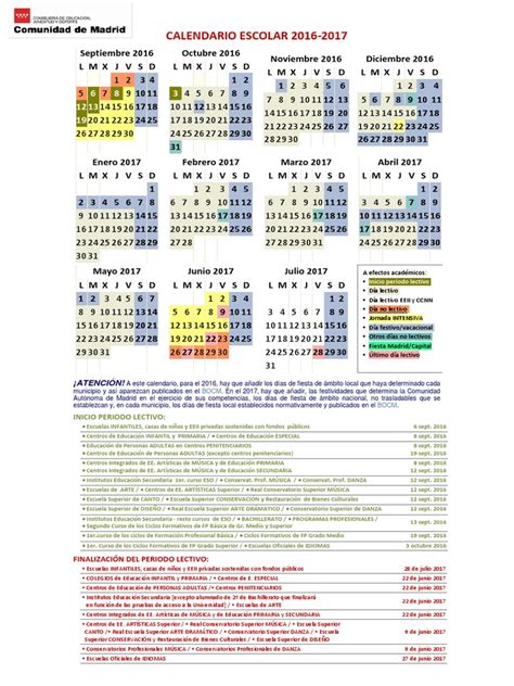 Calendario Escolar Madrid 2016 2017 Notilogía Educación Secundaria