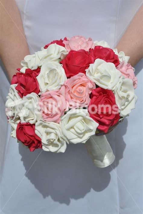 Pretty Artificial Foam Ivory And Pink Rose Bridal Bouquet With Crystal