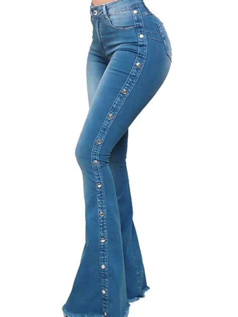 julycc women s stretch skinny flare jeans high waist denim bell bottom pants
