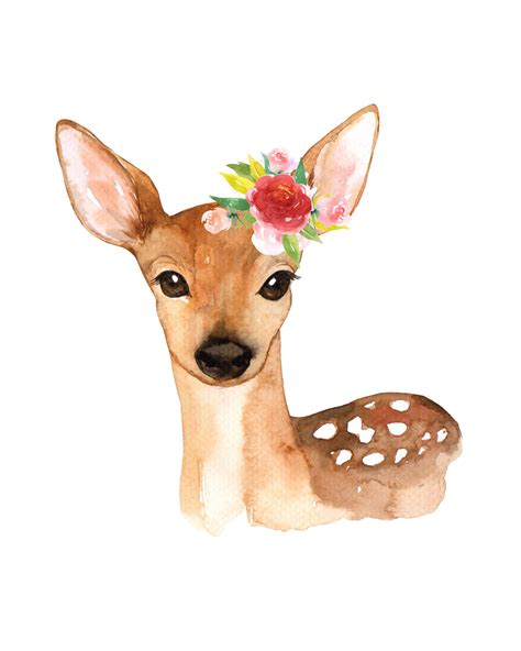 Fawn Deer Flower Floral Crown Watercolor Kids Printable Wall Art Poster