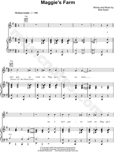 Bob Dylan Maggies Farm Sheet Music In E Minor Download And Print