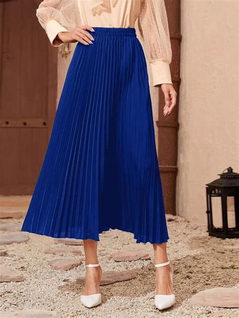 Solid Longline Pleated Skirt Blue Pleated Skirt Blue Skirt Outfits Womens Skirt