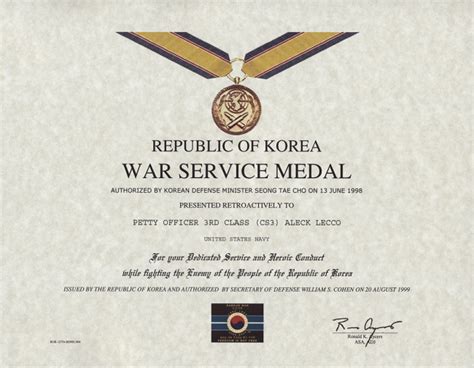 Korean War Service Medal Certificate