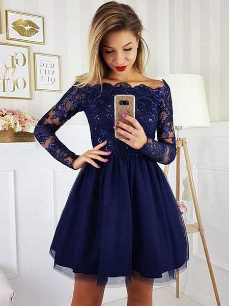 Off The Shoulder Long Sleeves Lace Navy Blue Short Prom Dresses Homeco