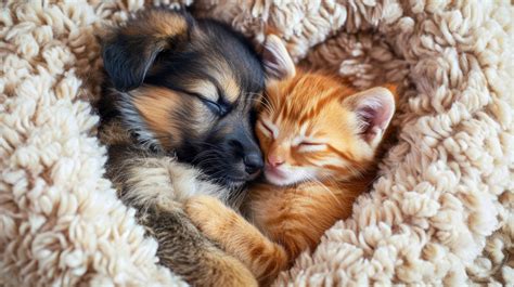 Kitten And Puppy Sleeping Together Cute Animal Friendships Adorable