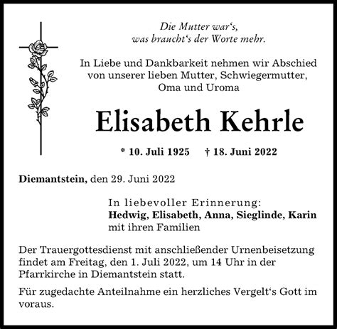 Traueranzeigen von Elisabeth Kehrle | Augsburger Allgemeine Zeitung