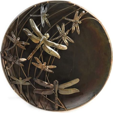 Flame Finished Dragonfly Disc Striking Metal Wall Art Depicts A Swarm