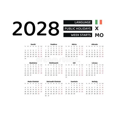 Calendar 2028 Irish Language With Ireland Public Holidays Stock Vector
