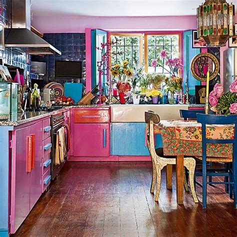 In this renovated edwardian semi rich blue kitchen cabinets add a contemporary touch to the heart of the home. Bright Quirky Kitchen with Pink and Blue Cabinets - Room ...