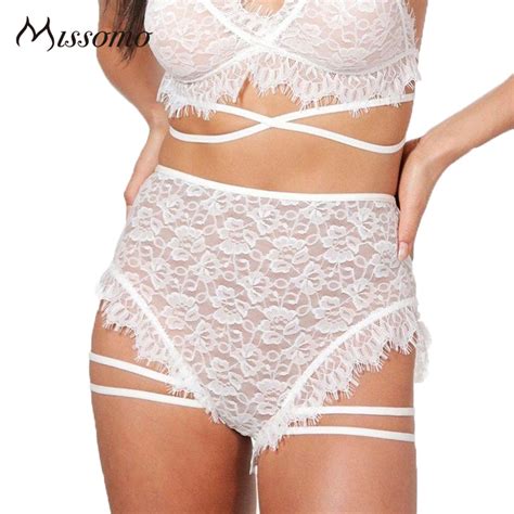 Missomo Sexy White Black Lace Panties Women Mesh Semi Sheer Lace Up