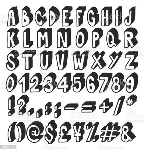 Tjocka Doodle Handskrivna 3d Alfabetet Siffror Skyltar Med Tuschpenna