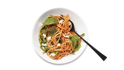 Peppadew Pesto Spaghetti With Feta And Arugula Recipe