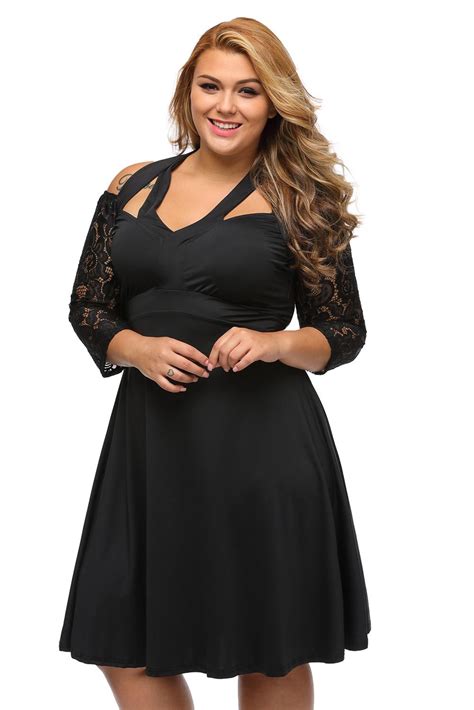 Plus Size Clothing 3x 5x Lace Sleeve Cutout Empire Skater Swing Dress
