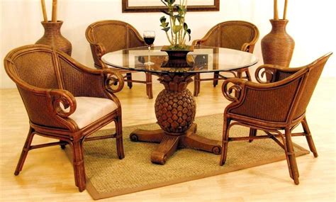 The classic rattan indoor rattan and wicker lake house dining set with 4 dining chair with memory swivel caster functions and a table with 45 inch squared round beveled glass top. Hospitality Rattan - Sunset Reef Indoor 5 PC Rattan ...