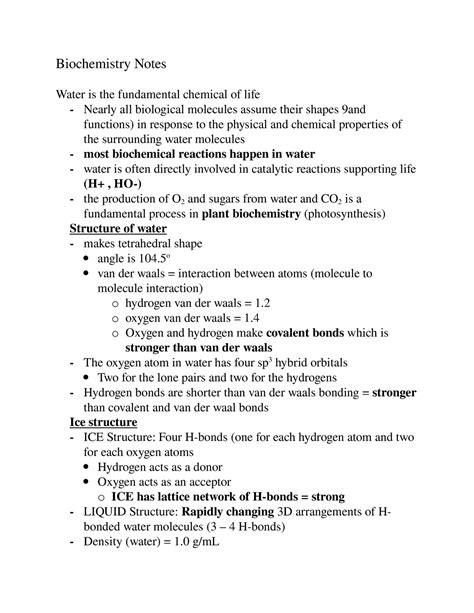 Biochemistry Notes Biochemistry Notes Water Is The Fundamental