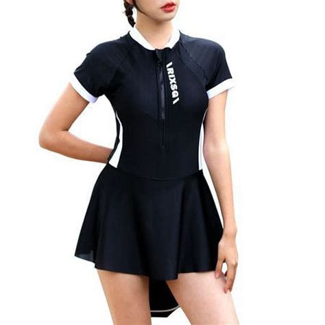 Fancy Women Siamese Long Sleeve Swimsuit Surfing Wetsuit Swimdress Skirt Beach Bathing Black L