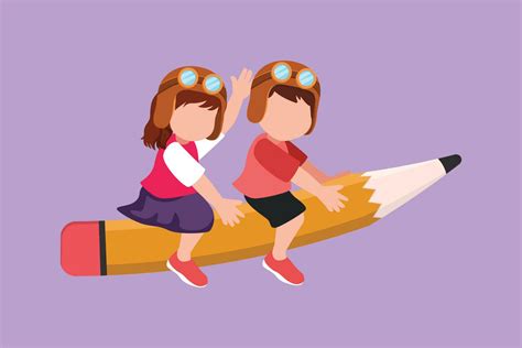 Character Flat Drawing Of Happy School Kids Riding Flying Pencil Get