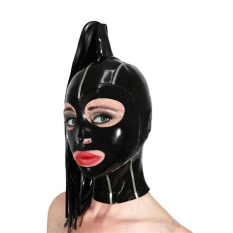 2019 Sexy Exotic Lingerie Black Latex Rubber Open Eyes Mouth Nose Holes Mask Hoods Hood With One