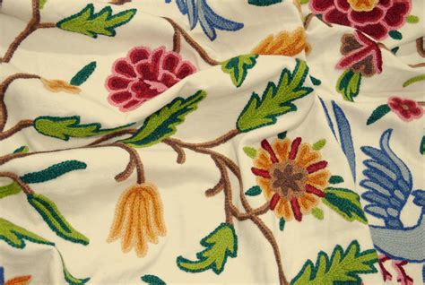 Cotton Crewel Embroidered Fabric Birds Cream Multicolor Brd333