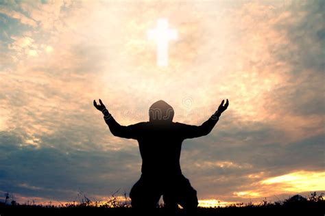 Silhouette Man Praying With Cross Stock Image Image Of Hope Praying