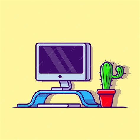 Premium Vector Workspace Computer With Plant Cartoon Vector Icon