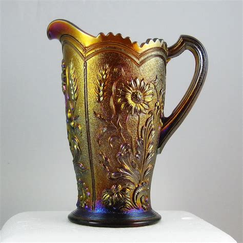 Antique Imperial Amber Fieldflower Carnival Glass Water Pitcher Carnival Glass