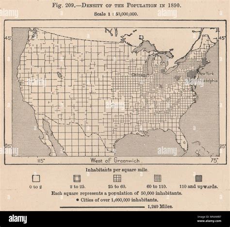 Density Of The Population In 1890 Usa United States 1885 Old Antique