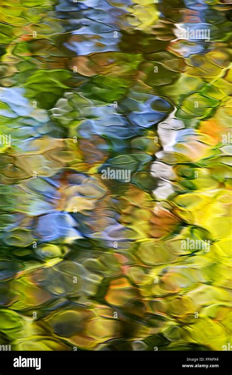 Fluid Abstract Liquid Water Ripples Reflection Of Fall Trees Stock