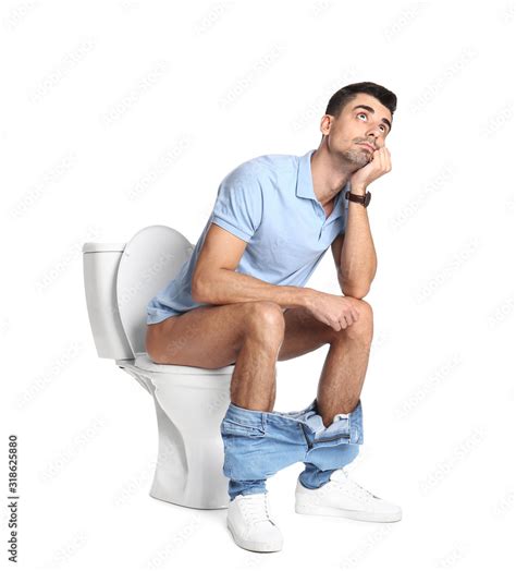 Man Sitting On Toilet Bowl White Background Stock Photo Adobe Stock