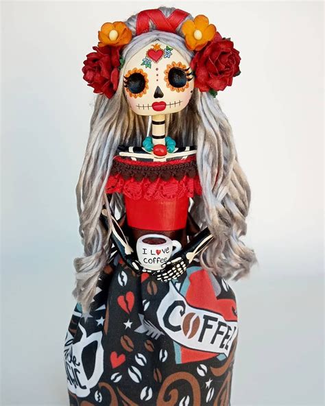 Coffee Lover ☕ Paper Mache Catrina Doll Halloween Doll Mexican Doll