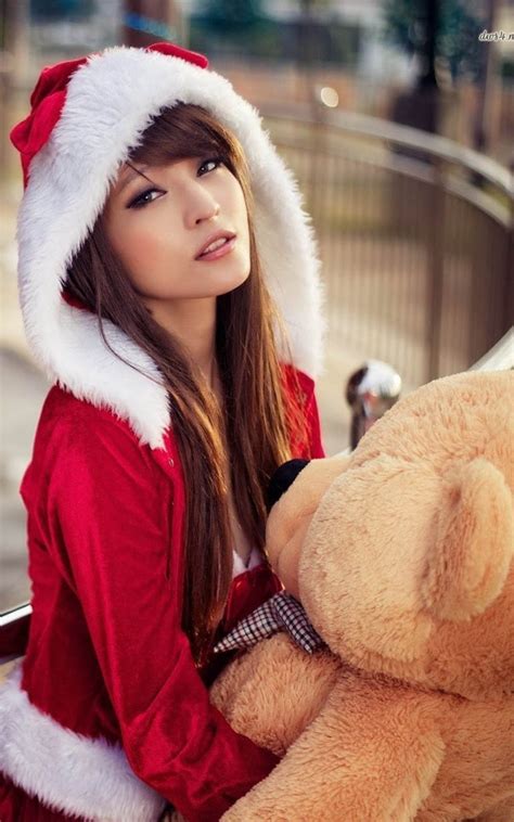 christmas asian girl with teddy bear 4k ultra hd mobile wallpaper