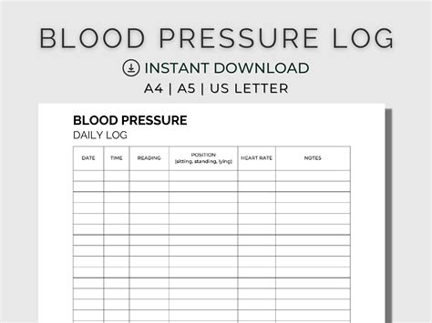 Blood Pressure Tracker Printable Blood Pressure Log Digital Etsy