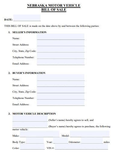 Free Nebraska Car Bill Of Sale Form Word Pdf Excel Tmp