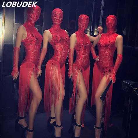 Women Nightclub Pole Dancing Costume Sexy Bar Dj Ds Stage Wear Red Lace