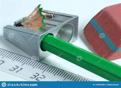 Pencil Sharpener Eraser And Ruler In Close Up Stock Image Image Of