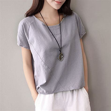 Top Women Multicolor Spliced Cotton Linen Summer Tee Shirt Women Asymmetric Hem Loose Casual
