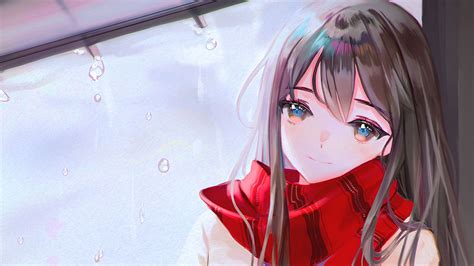 Sad Face Of Blue Eyes Anime Girl With Red Scarf Hd Anime Girl Wallpapers Hd Wallpapers Id